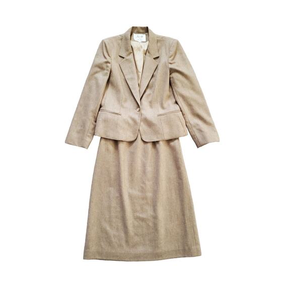 Vintage Saville 100% Wool Tan 2-Piece Belted Skirt Suit, Size 10 Petite - Picture 1 of 13